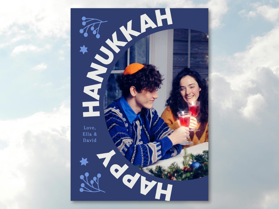 Happy Hannukuh card with glow, levels, soften, and touch up tools applied to portrait