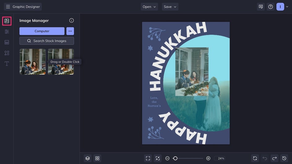 Image Manager highlighted for replacing holiday card imagery