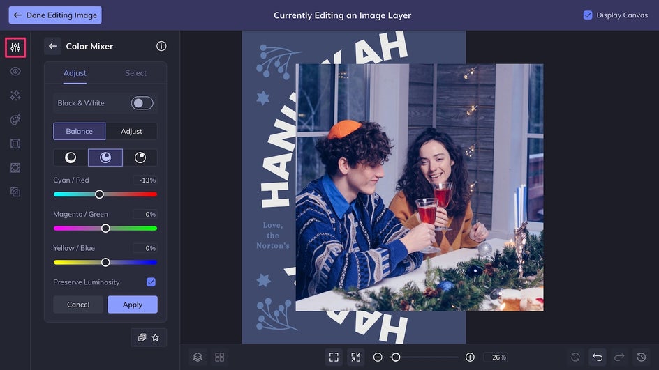 Edit tab highlighted to demonstrate Levels tool on card photo