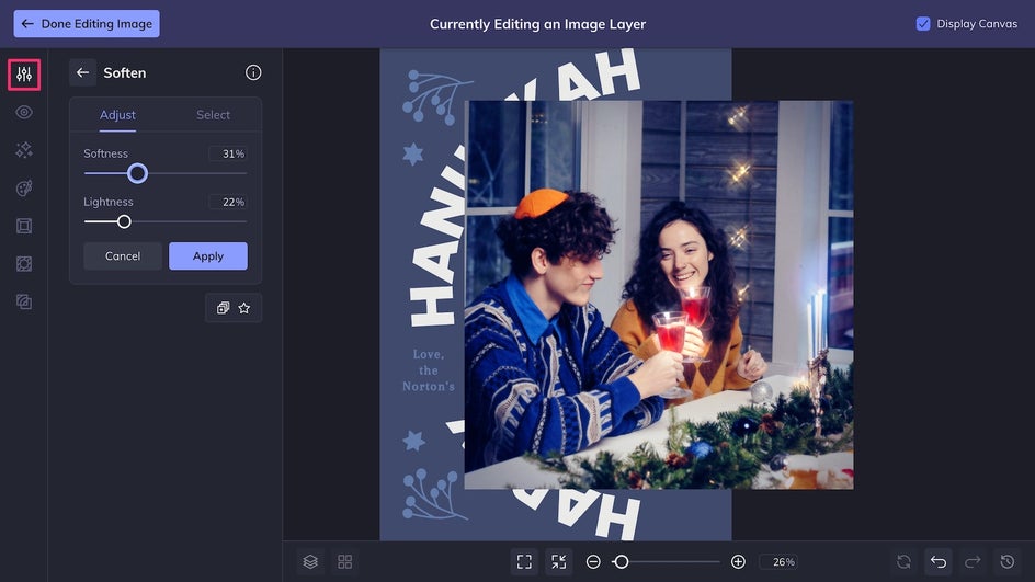 Edit tab highlighted for Soften tool and Glow tool