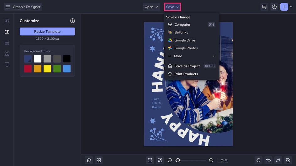 Save menu highlighted for saving final holiday card