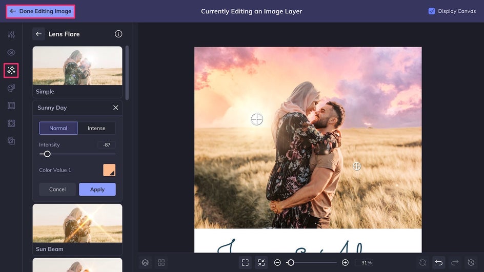 Add a lens flare to engagement photo