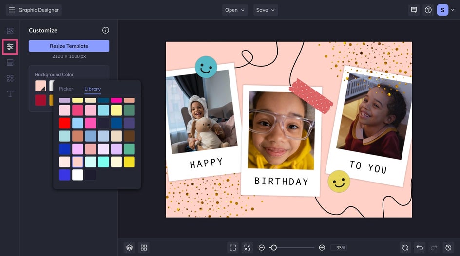 Customize tab to change background color of template