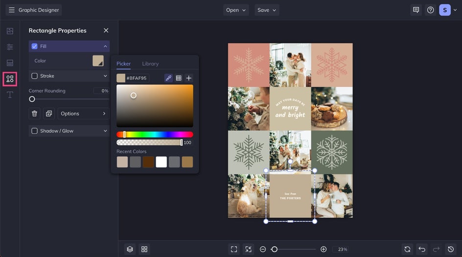 Graphics tab highlighted to customize graphics of collage holiday template