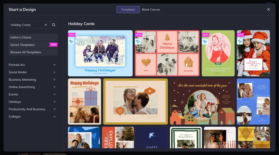 Choose a Smart holiday card template from Graphic Design library