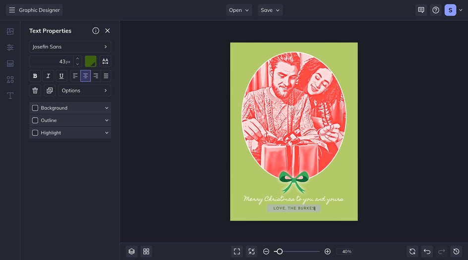 Text properties menu highlighted for Smart Template design