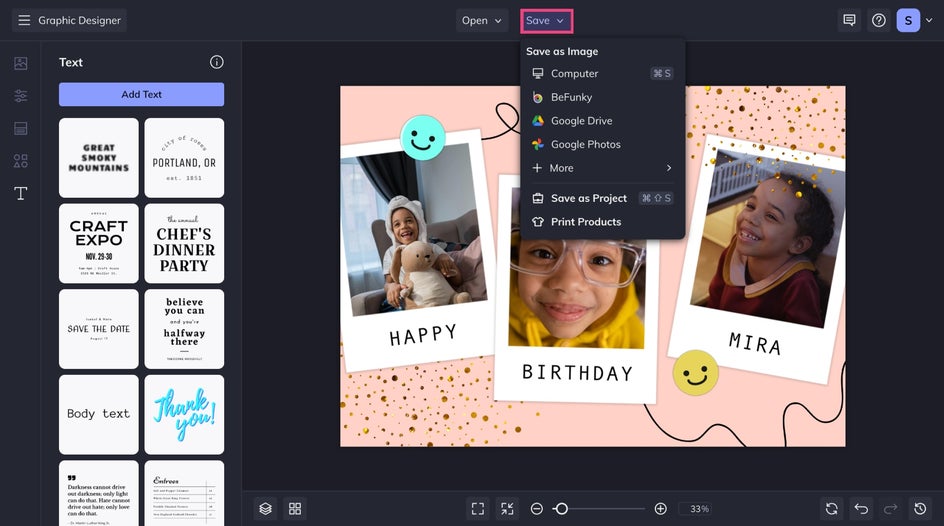 Save menu for sharing customized Designer template