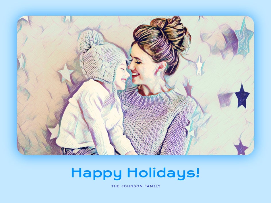 Simple winter holiday card with plain background and Artsy effect applied to family portrait