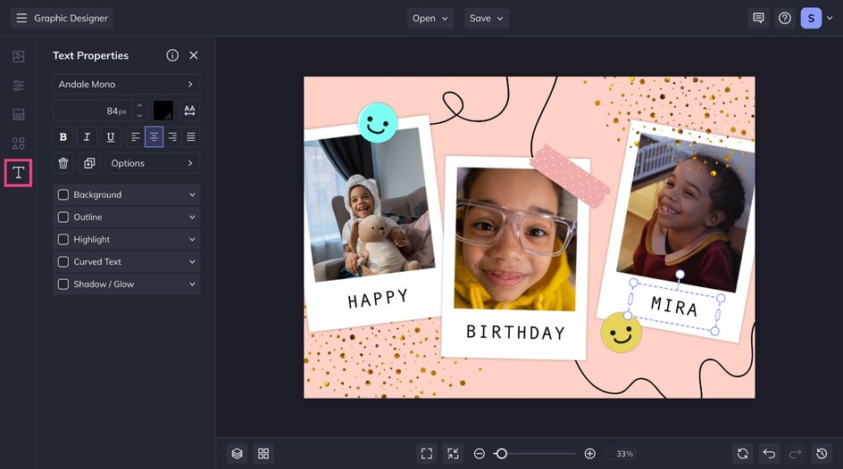 Text tab highlighted to customize text of Designer template