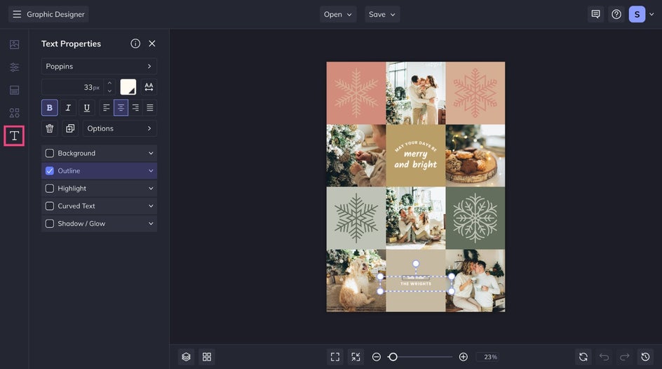 Text tab highlighted to adjust text of collage template