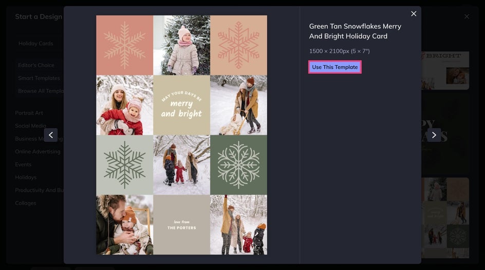 Use This Template menu for a collage template
