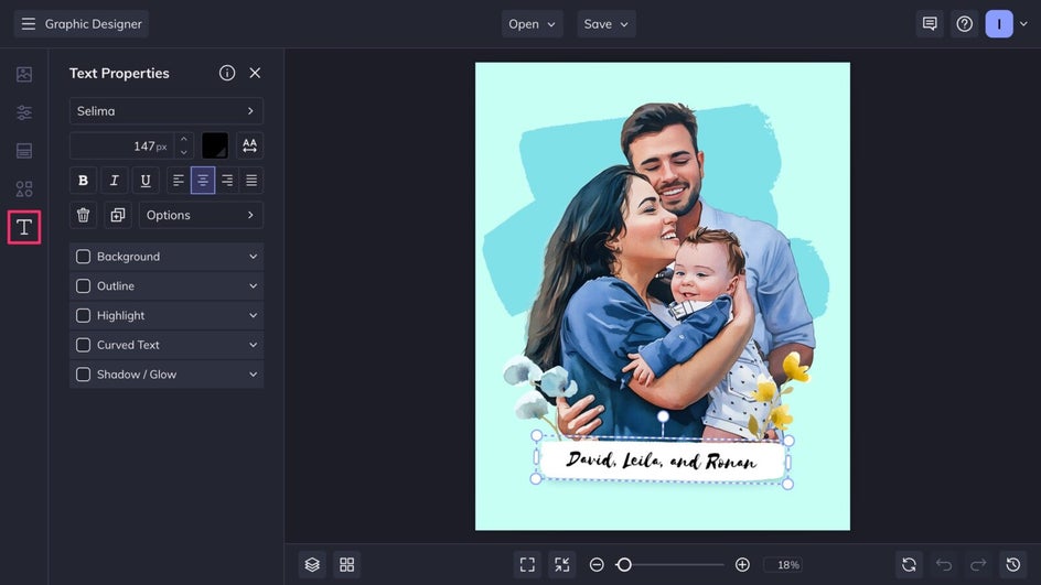 Text tab highlighted to change or add new text to design