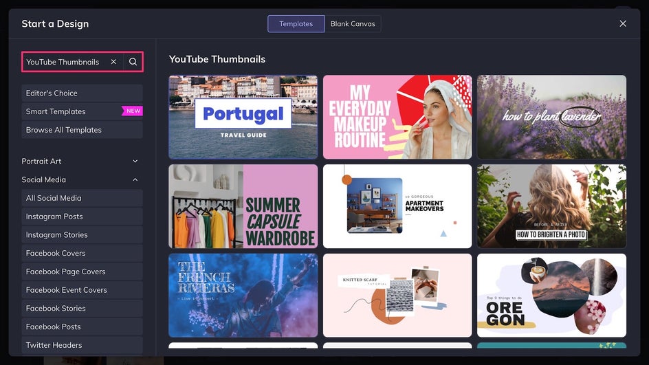 YouTube thumbnail template category in the Graphic Designer