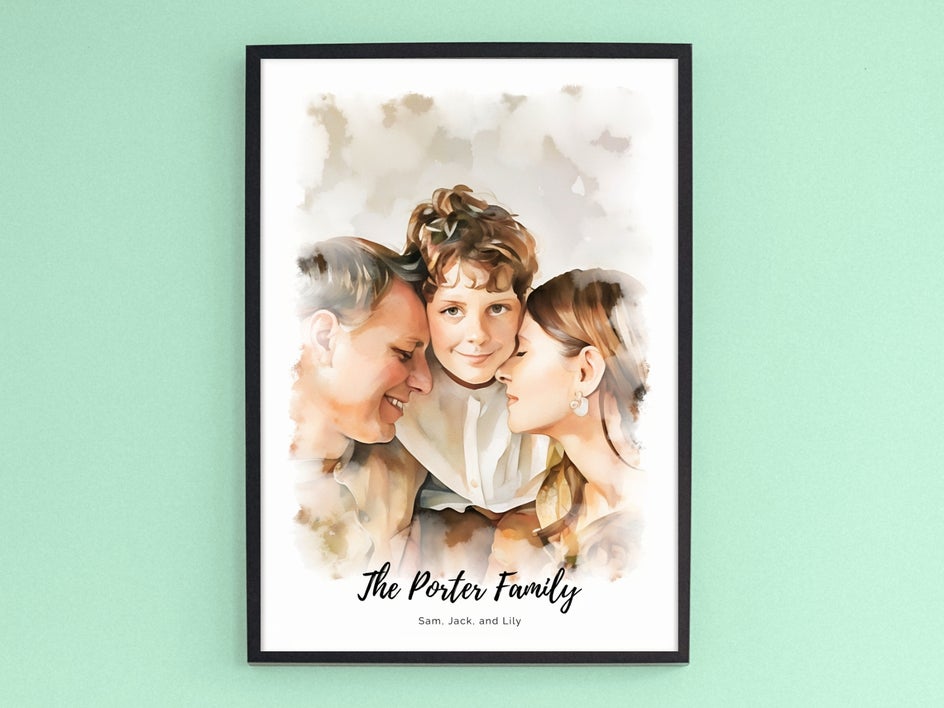 final family portrait with watercolor style hanging in frame