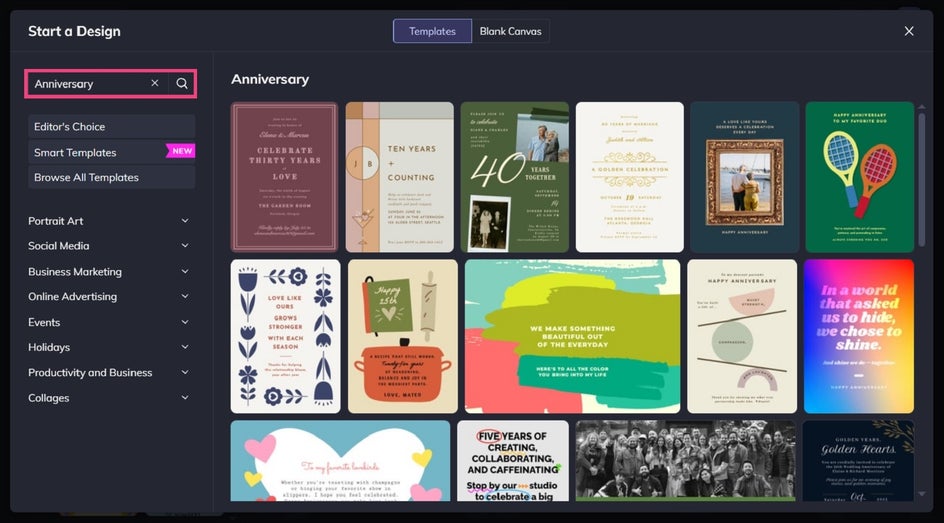 Selecting an anniversary card template in BeFunky