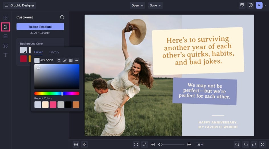 Customizing the background color of an anniversary card template in the Graphic Designer.