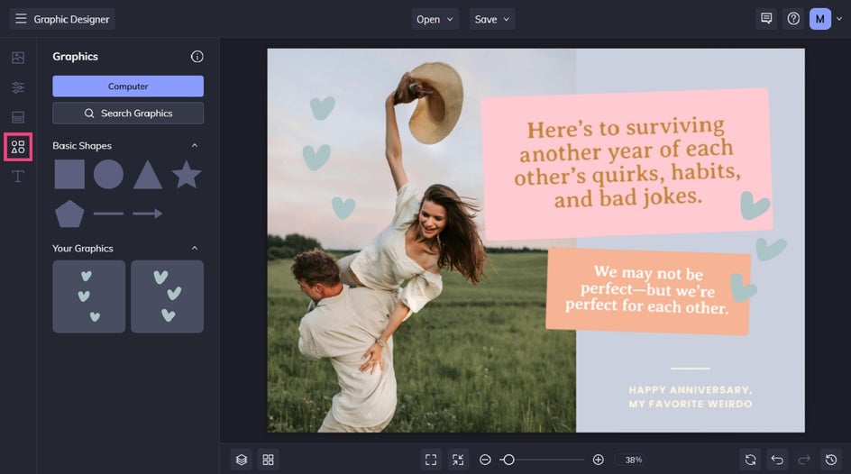 Adding graphics to anniversary card template in BeFunky