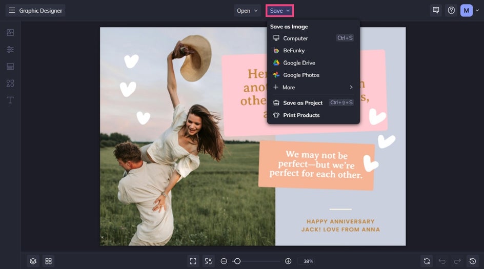 Saving anniversary card design in BeFunky.