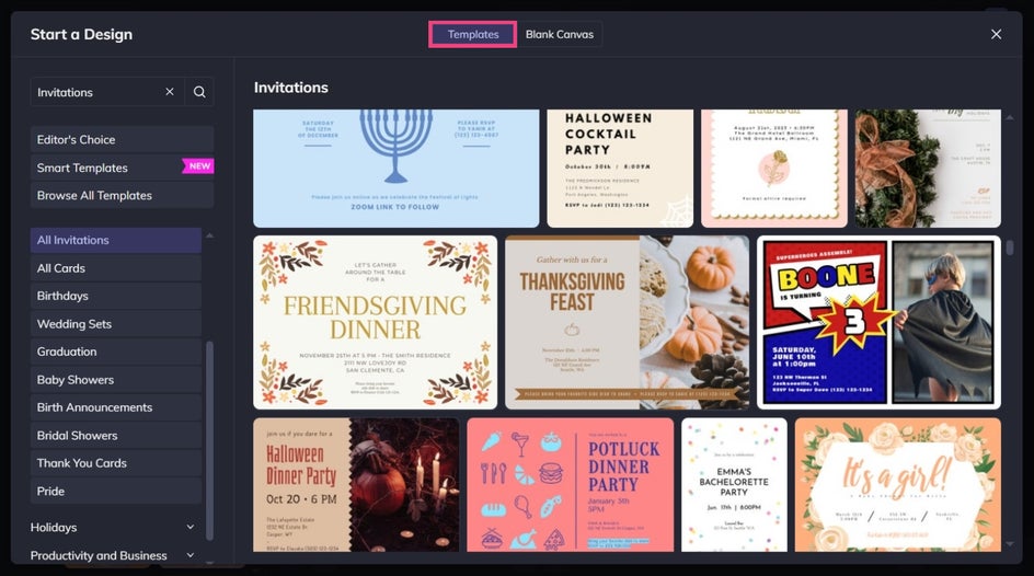 Choosing a graphic design template in BeFunky