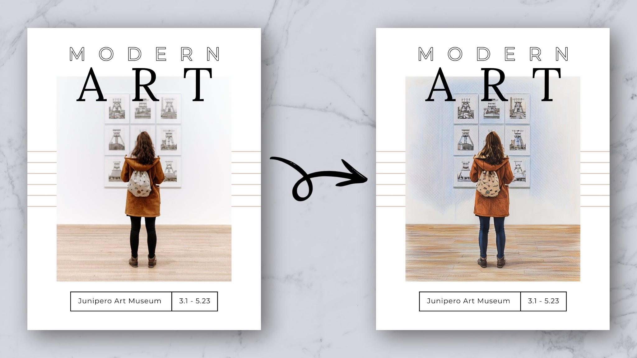 Edited photo on flyer template before and after.