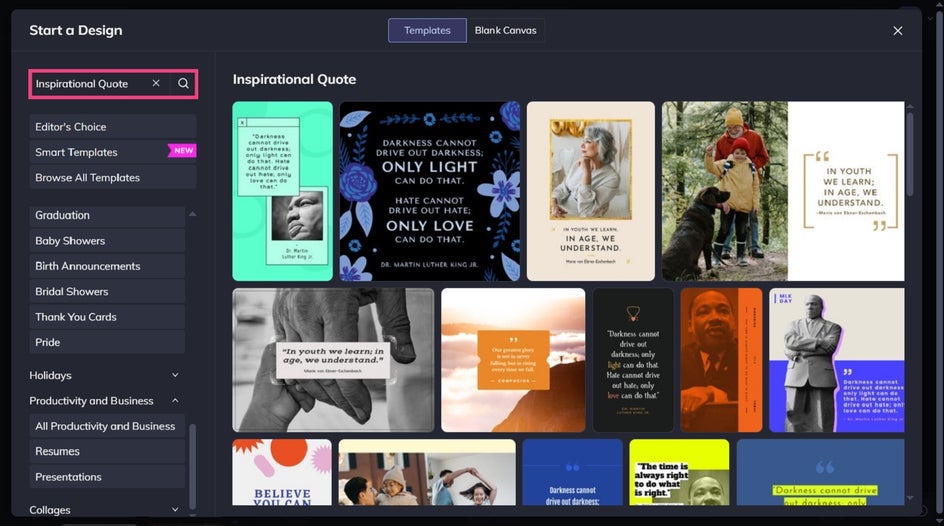 Searching for inspirational quote templates in BeFunky