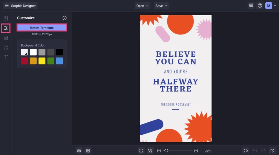 Resizing a template in the BeFunky Graphic Designer.