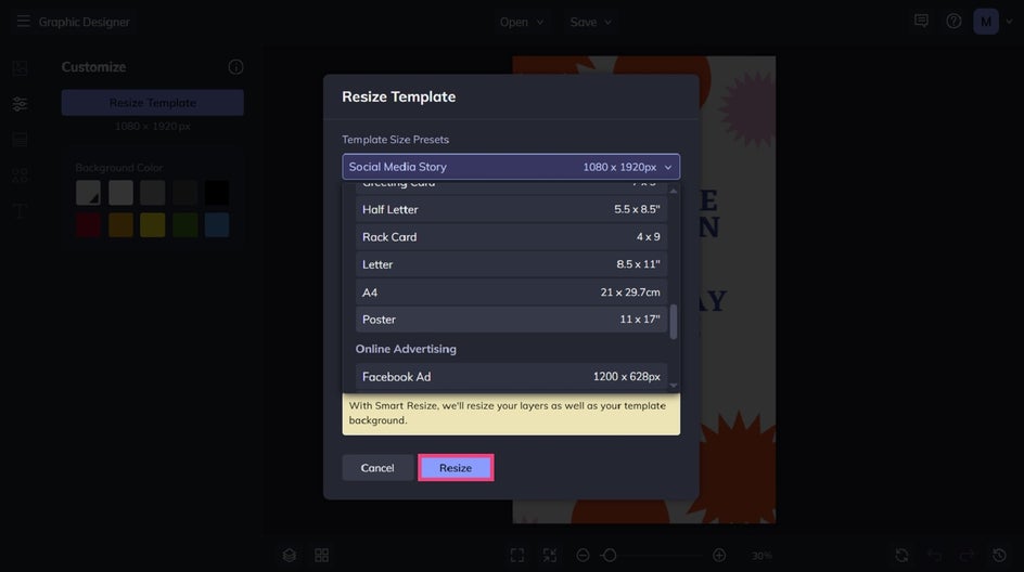 Selecting a template size preset for a poster.