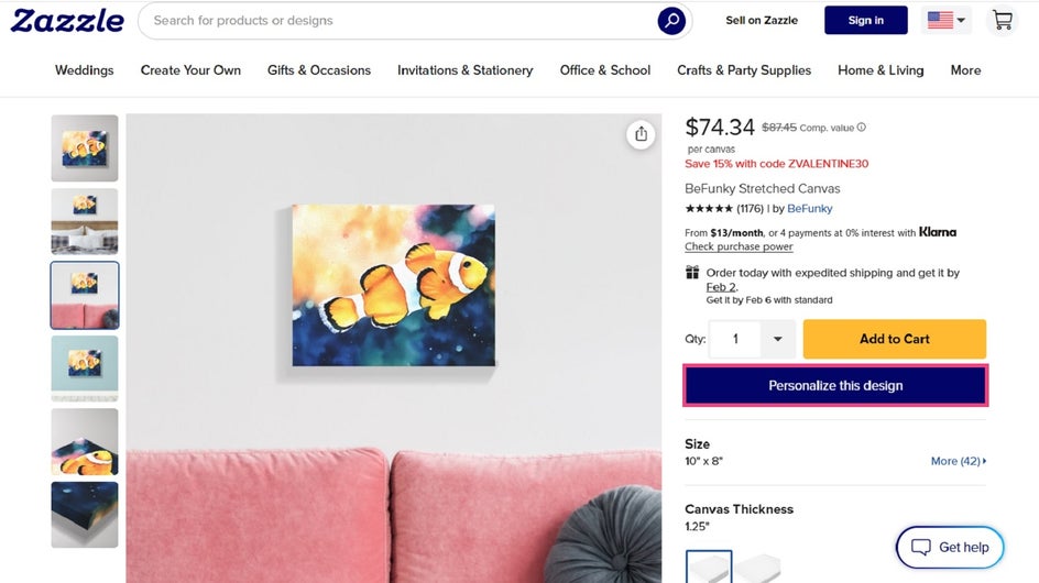 Personalizing watercolor canvas in Zazzle.