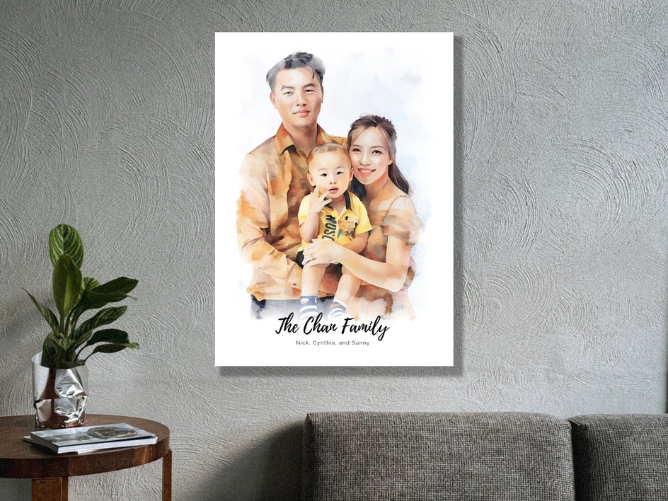 Family portrait watercolor art on stretched canvas.