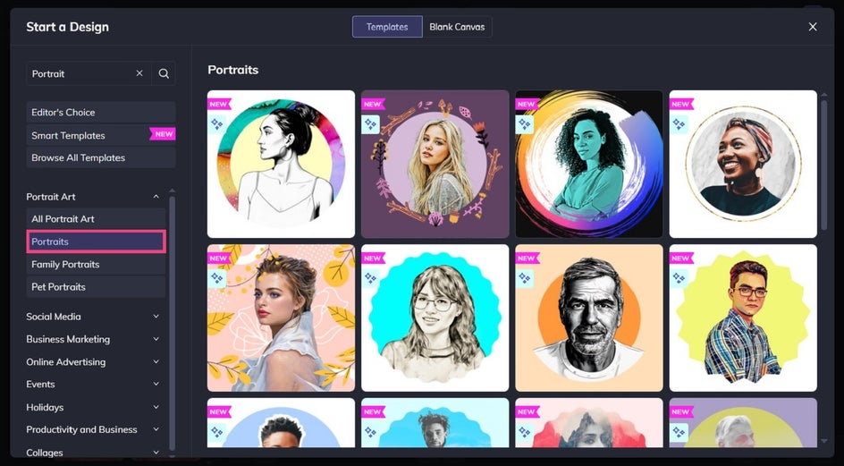 Browsing Portrait Smart Templates in BeFunky