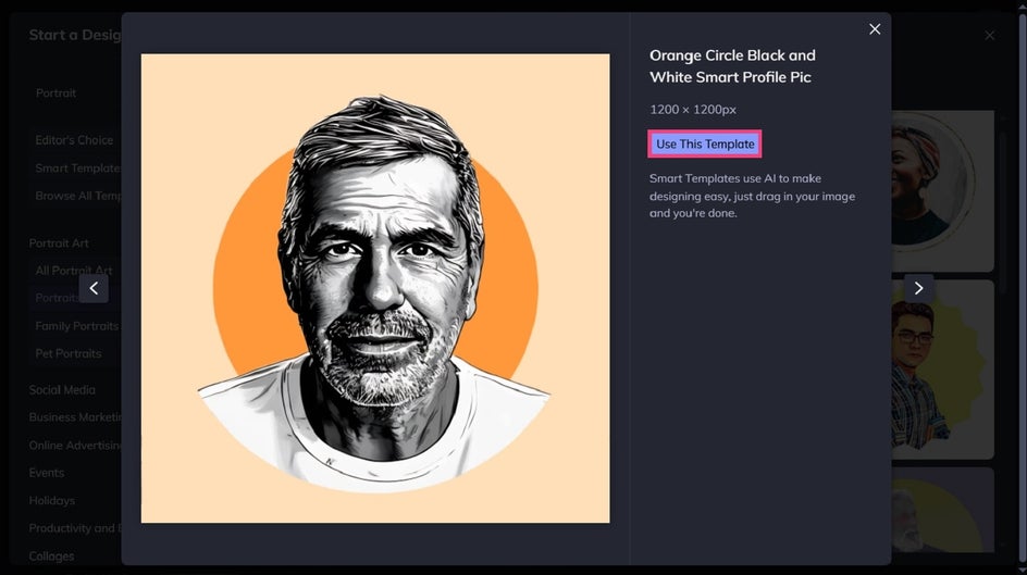 Selecting a Smart Template for a Twitch Profile Picture in BeFunky.