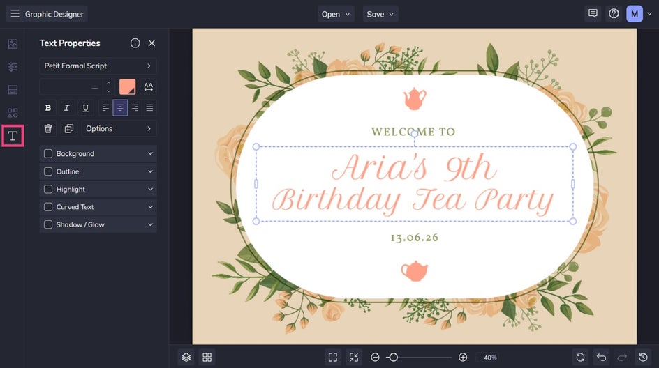 Designing custom party welcome sign in BeFunky.