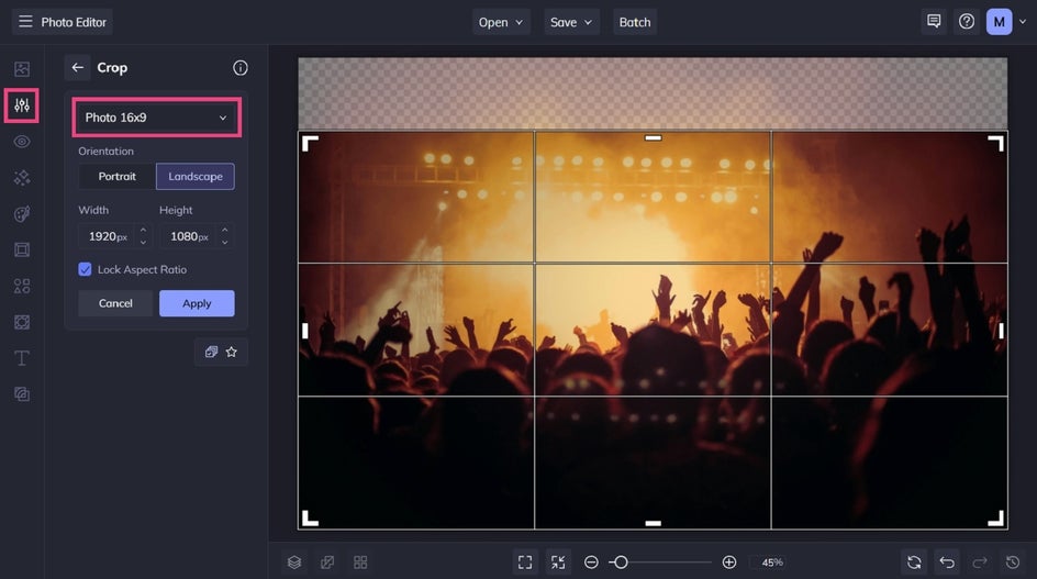 Cropping virtual meeting background in BeFunky.