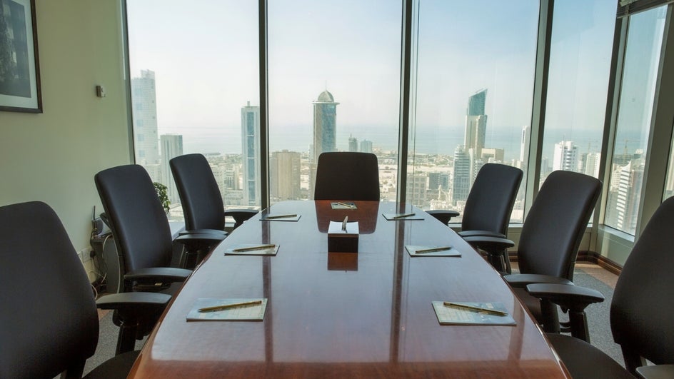 Funny virtual meeting background of office and city views.