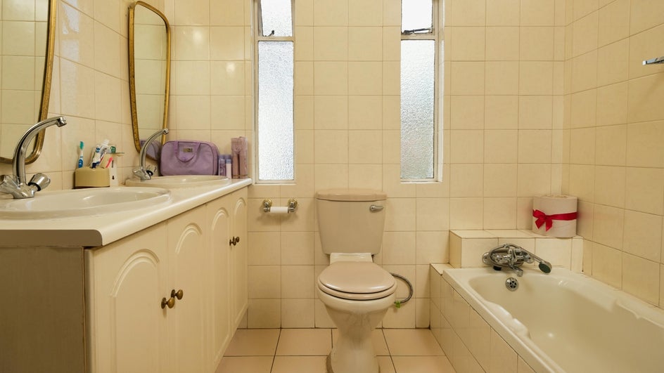 Funny virtual meeting background featuring toilet and bathroom.