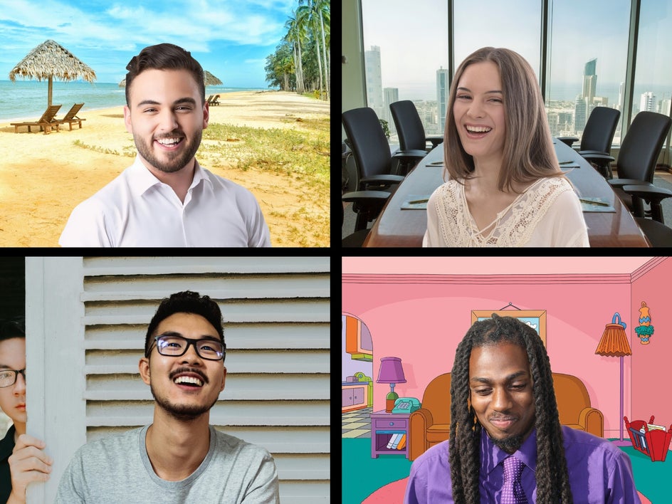 Four funny virtual meeting backgrounds for a zoom call.