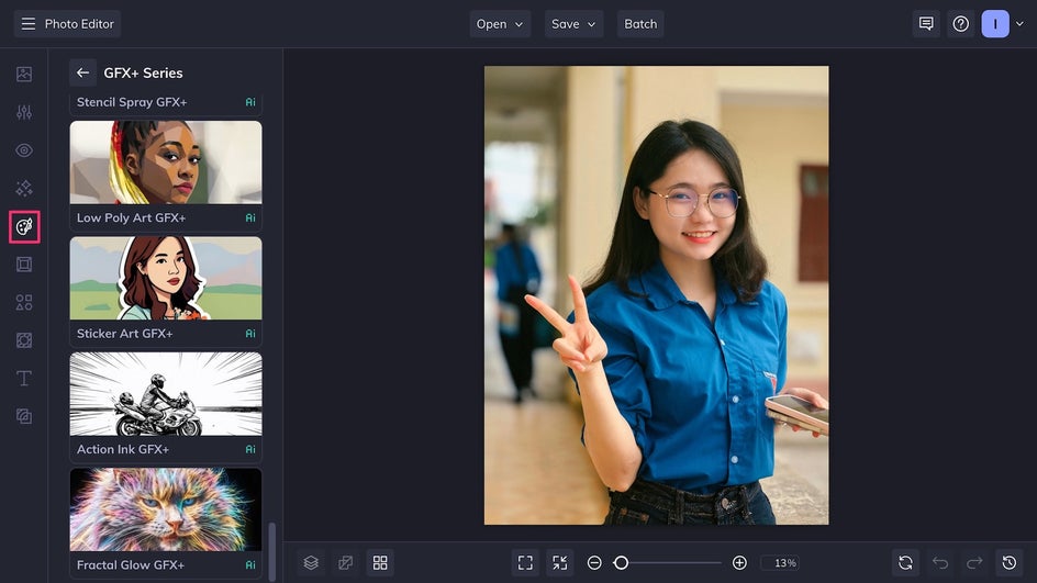 Artsy tab highlighted with GFX+ category selected
