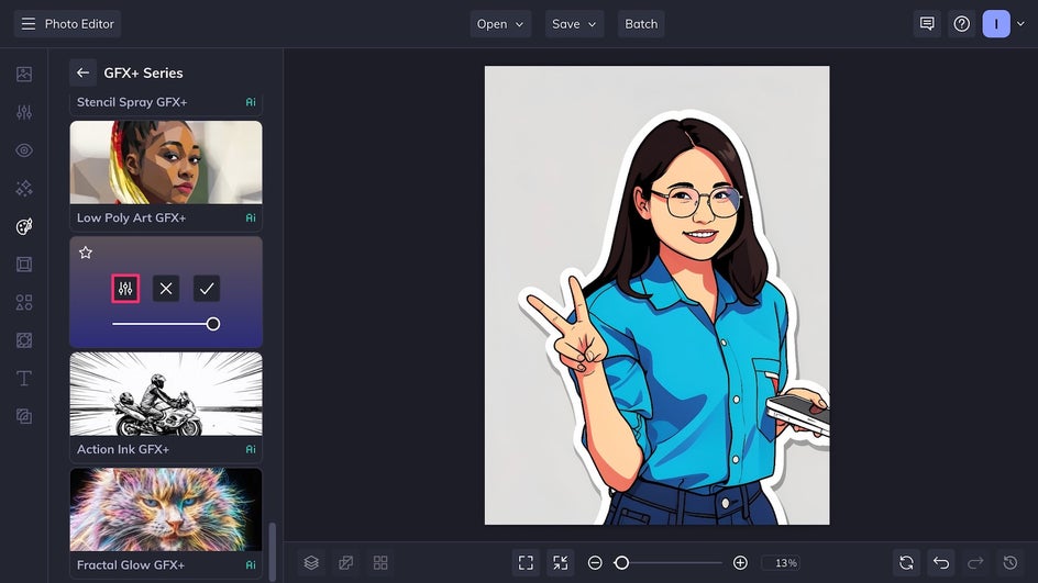 Settings icon highlighted after basic Sticker Art effect applied