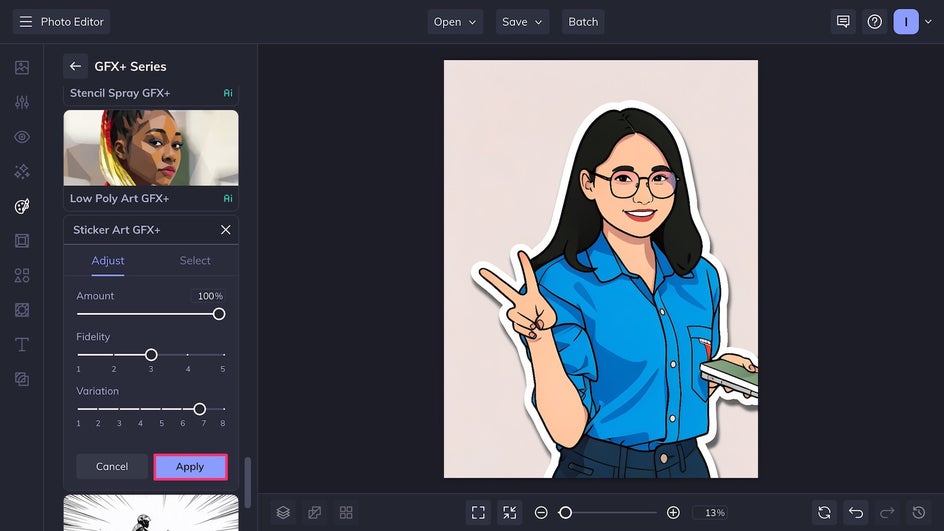 Apply Sticker Art effect from settings menu