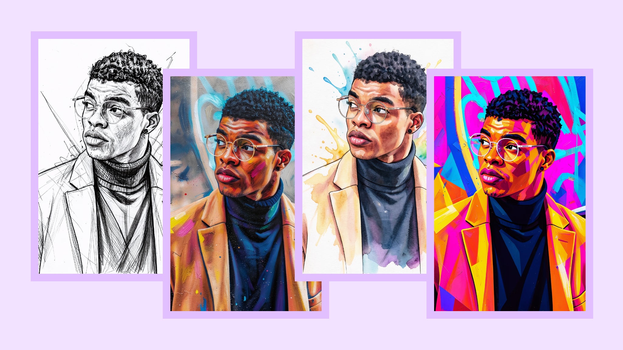 Featured GFX+ filters applied to male subject – black and white, cartoon, neon, watercolor