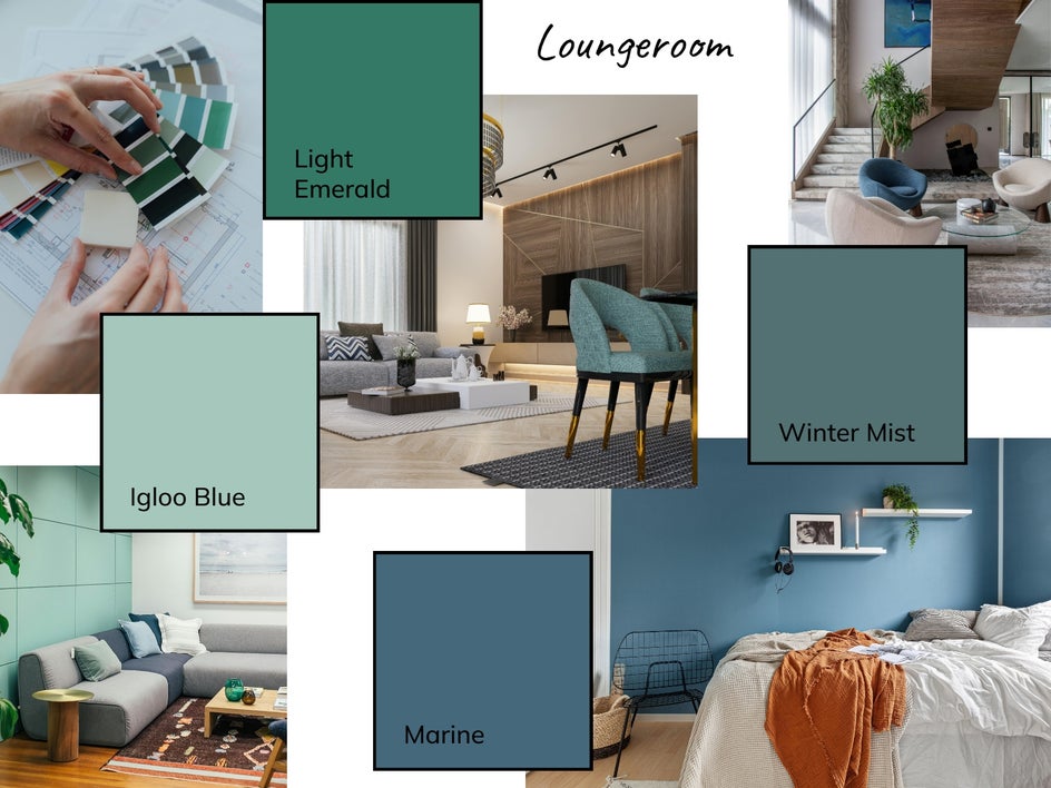 Interior design moodboard color palette for loungeroom blue and green