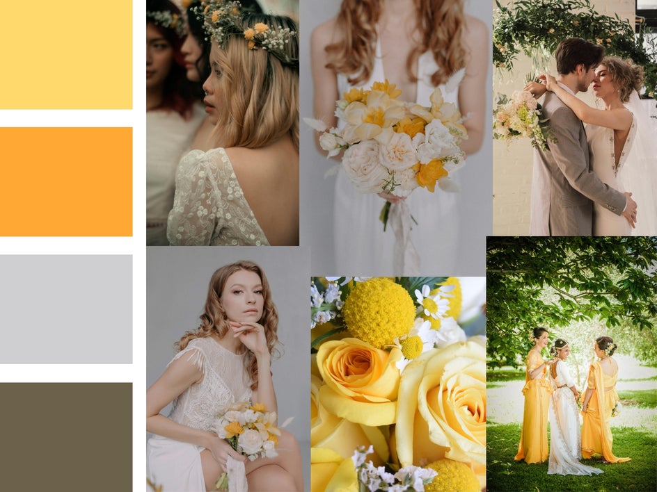 Yellow and grey wedding color palette inspiration moodboard