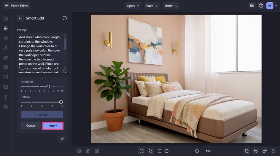 Using AI photo editing prompts for home makeover in Smart Edit
