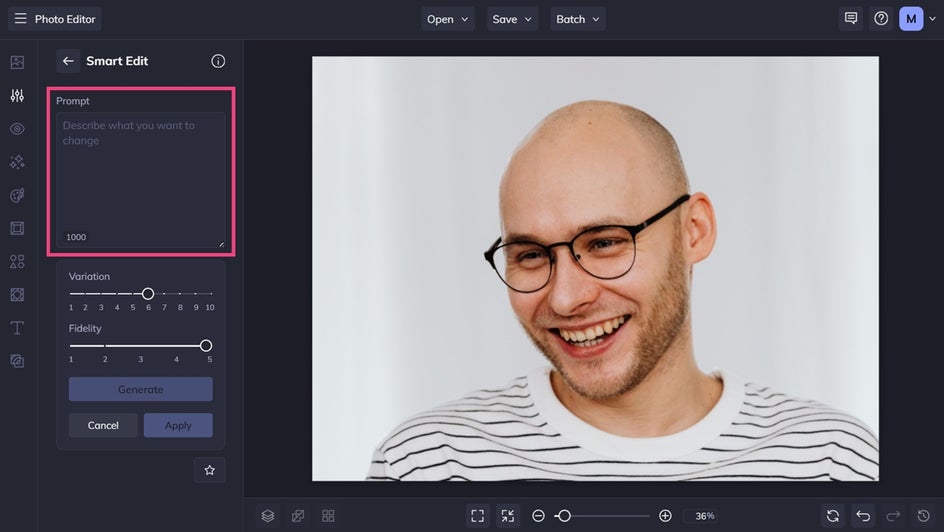 Typing in ai photo editing prompt smart edit