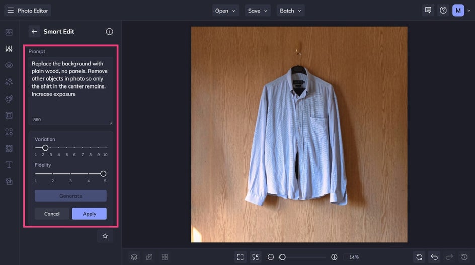 Ai photo editing prompts in BeFunky's Smart Edit