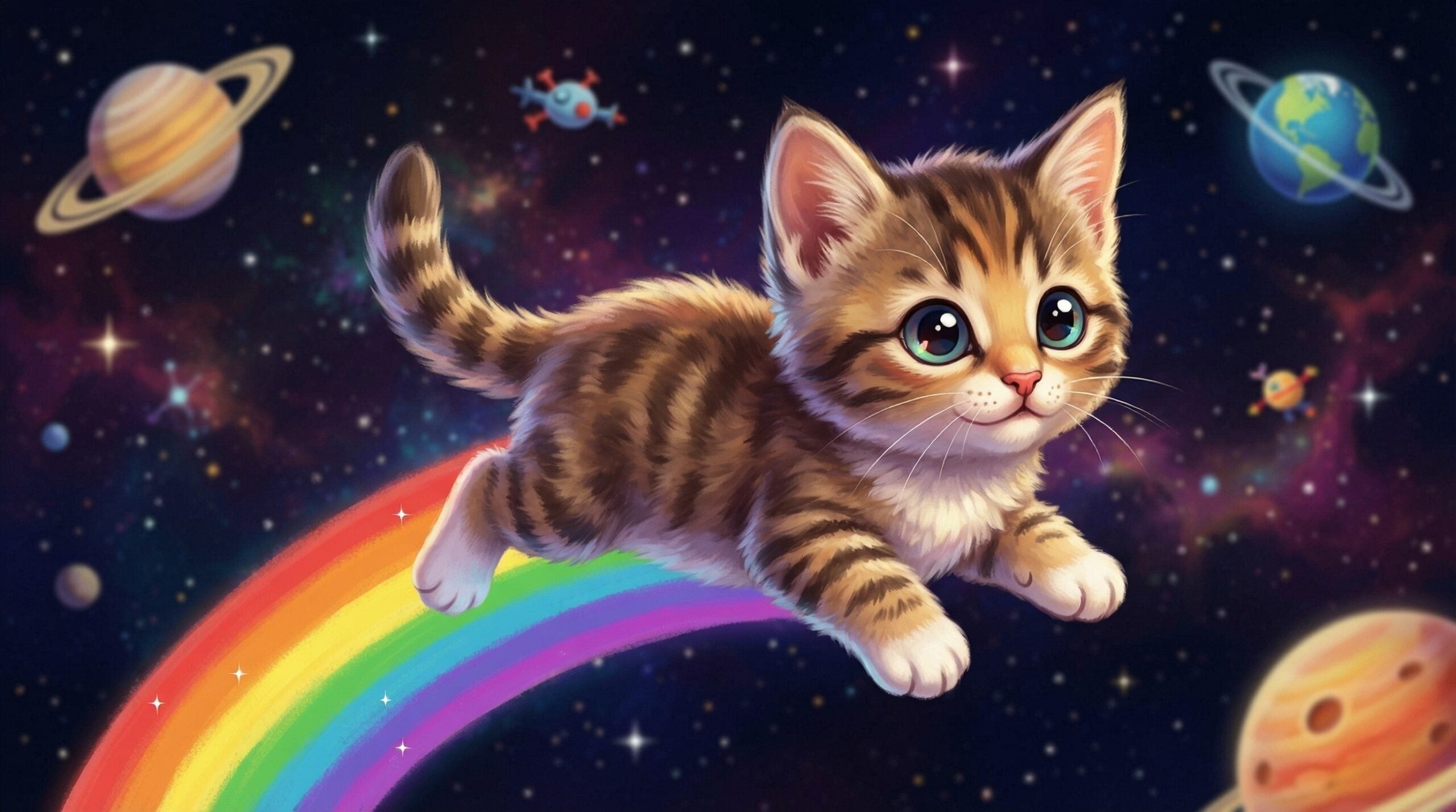 adorable cat floating through space on a rainbow created using BeFunky's text to image ai generator