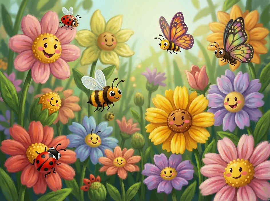 friendly cheerful flowers and insects created using BeFunky's Image Generator