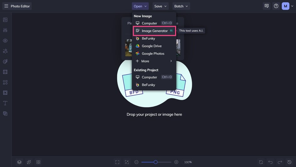 befunky ai text to image generator from open menu